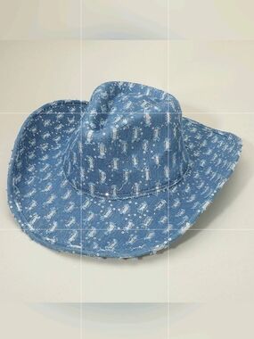 Blue Sequin Denim Fedora Hat Wide Brim Womens Cowboy Cowgirl Western